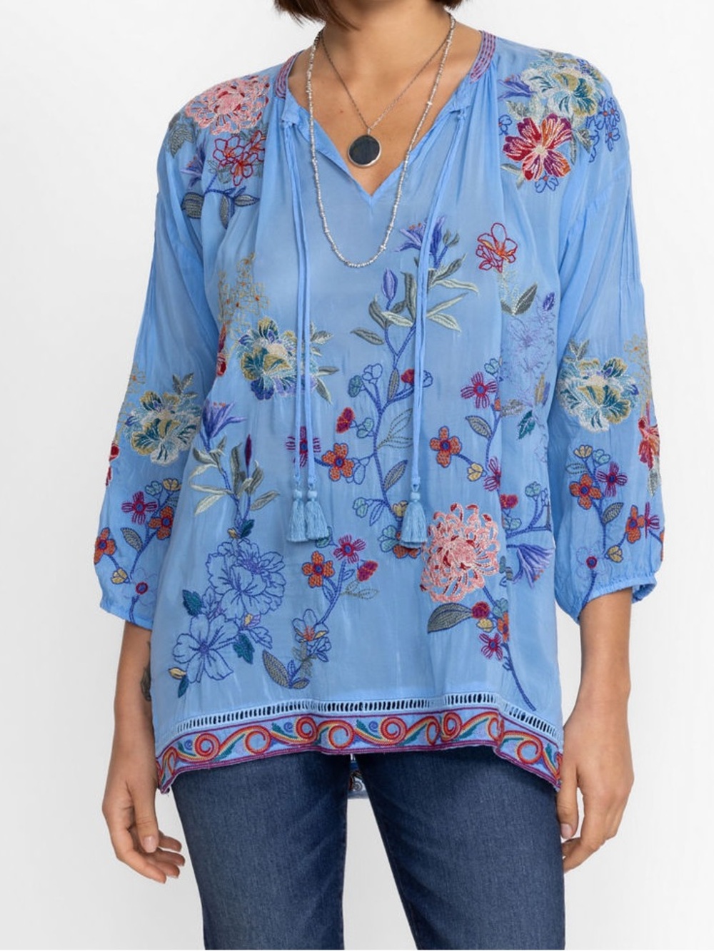 johnny was zadonia blouse large azure blue embroidered flowers multicolor